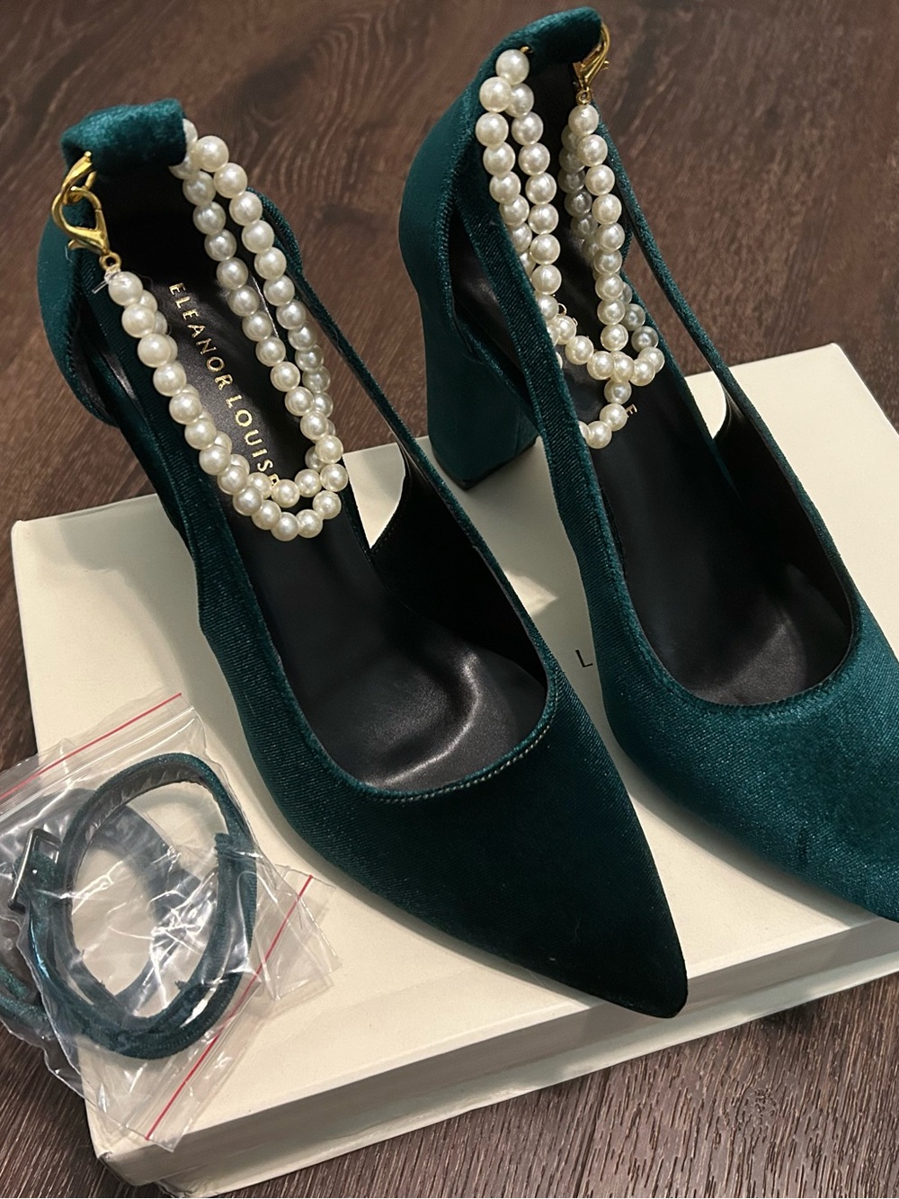 Emerald Green Velvet Pearl-Ankle Strap Pumps - size 9 Andrea, Eleanor Louise
